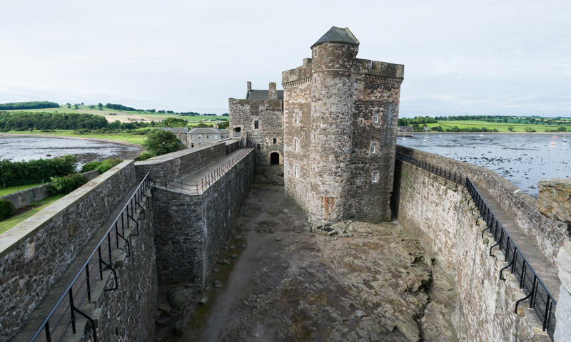 A view of the courtyard and keep at Blackness Castle, taken from the northernmost tip of the castle walls.