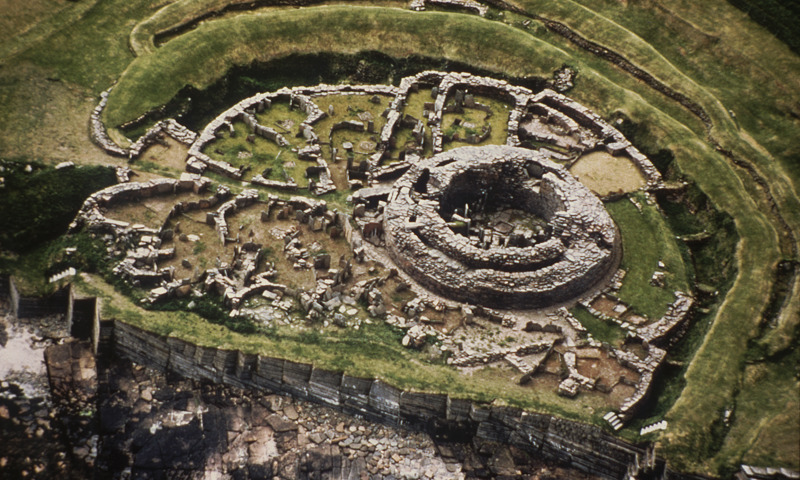 An aerial view of the Broch of Gurness and the remains of its surrounding village.