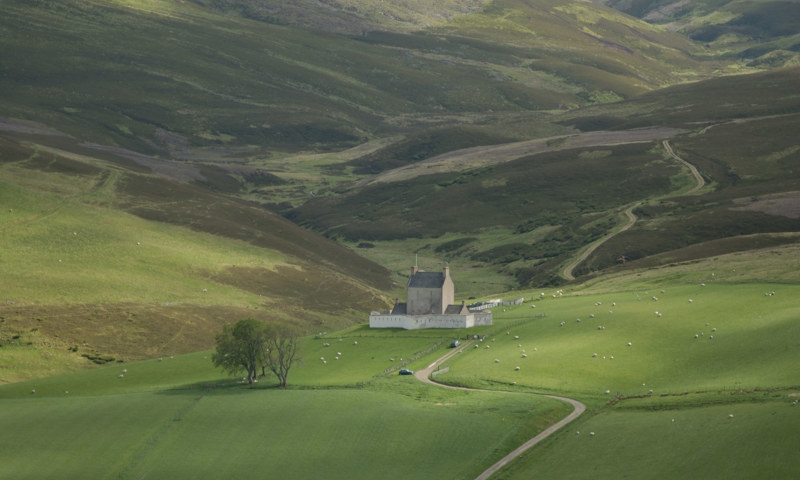 A distant view of Corgarff Castle, showing its isolation at the head of remote Strathdon.