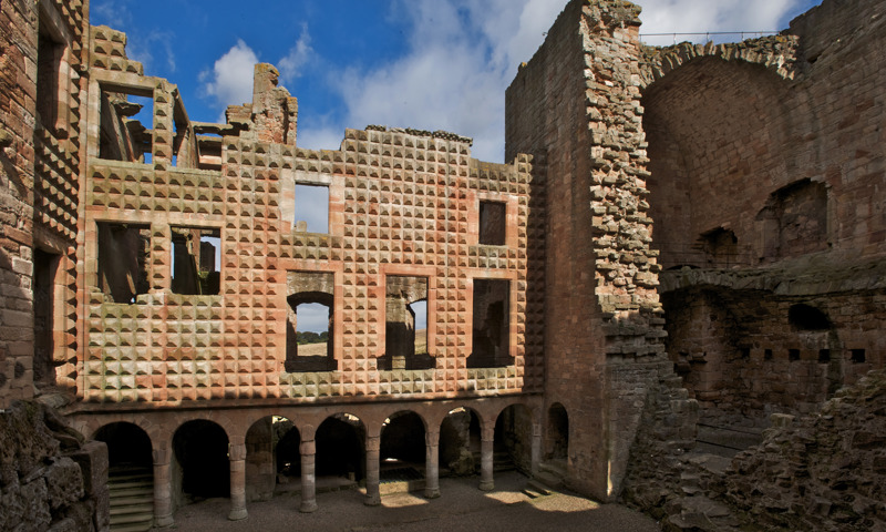 A view of the remarkable diamond facade at Crichton Castle.