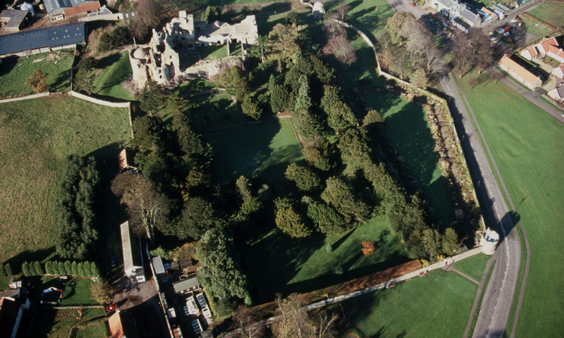 An aerial view of Dirleton Castle and Garden.