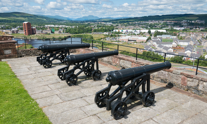 Cannons defending the landward side of Dumbarton Castle.