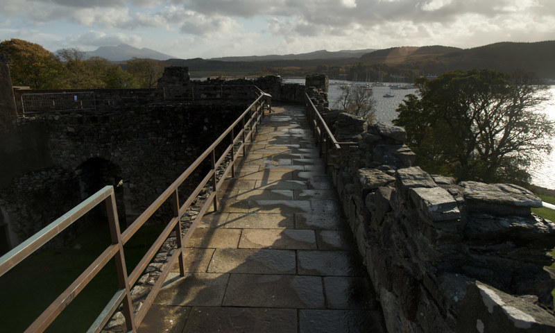A view of the walkway at Dunstaffnage Castle, with views out towards Ardmucknish Bay.