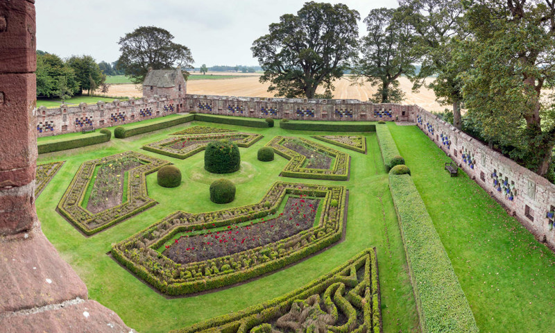 The garden at Edzell Castle, as seen from the tower house.