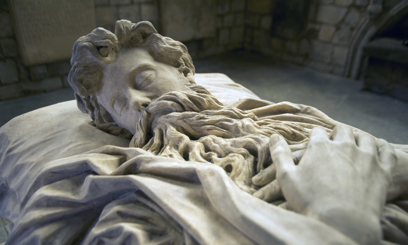 A detail of the William Schomberg Monument at Jedburgh Abbey.
