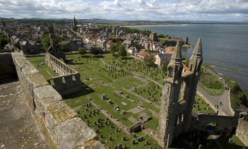 The remains of St Andrews Cathedral as seen from St Rule's Tower.