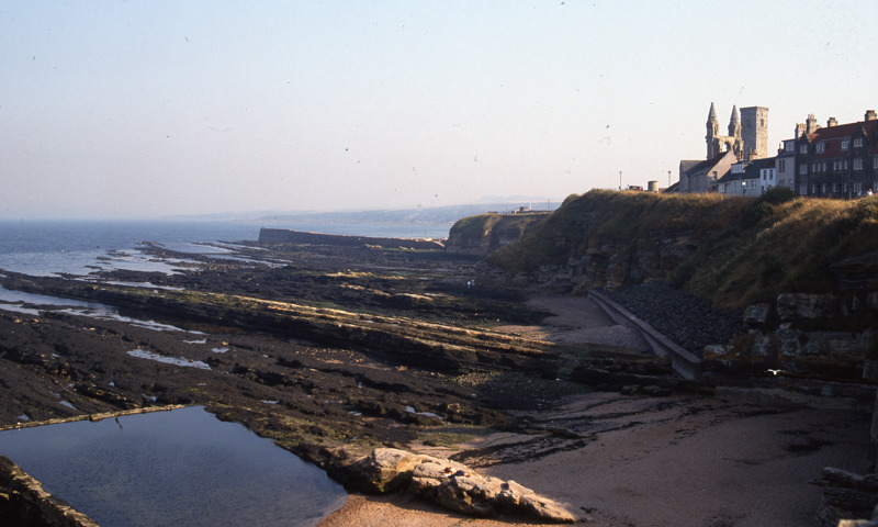 A distant view of St Andrews Cathedral from the beach up the coast.