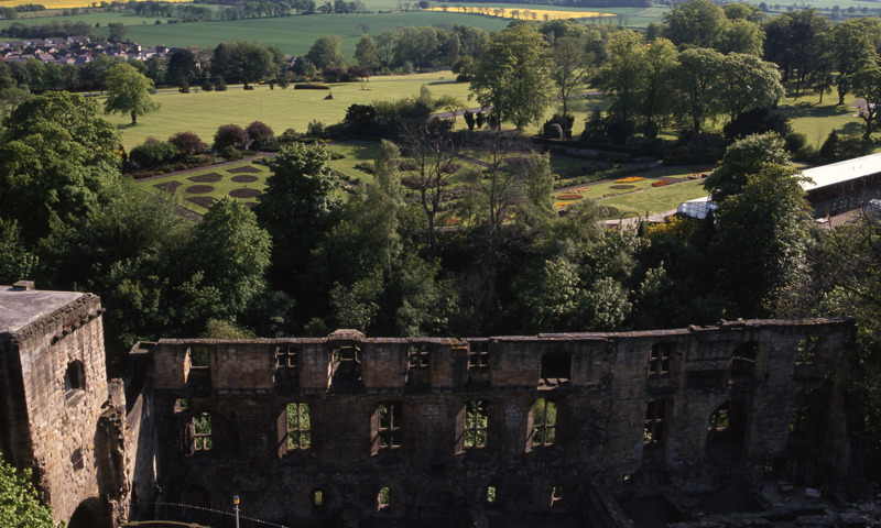 The view of gardens and nearby fields from Dunfermline Abbey.