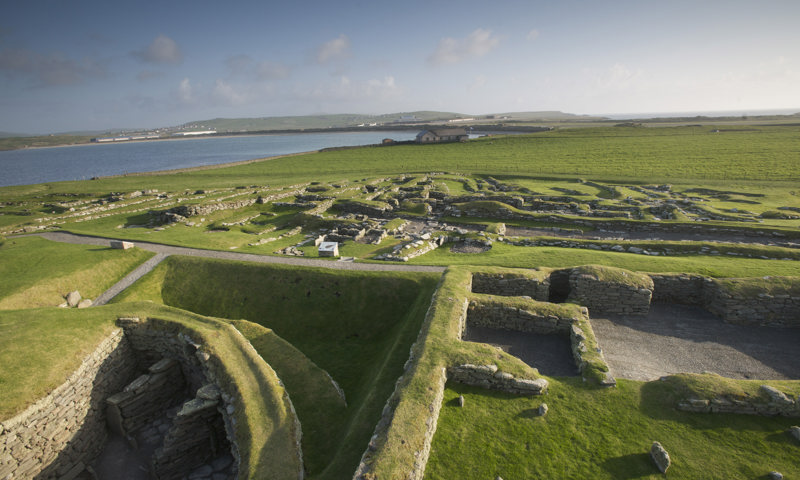 A wide view over the prehistoric and Norse settlement at Jarlshof.