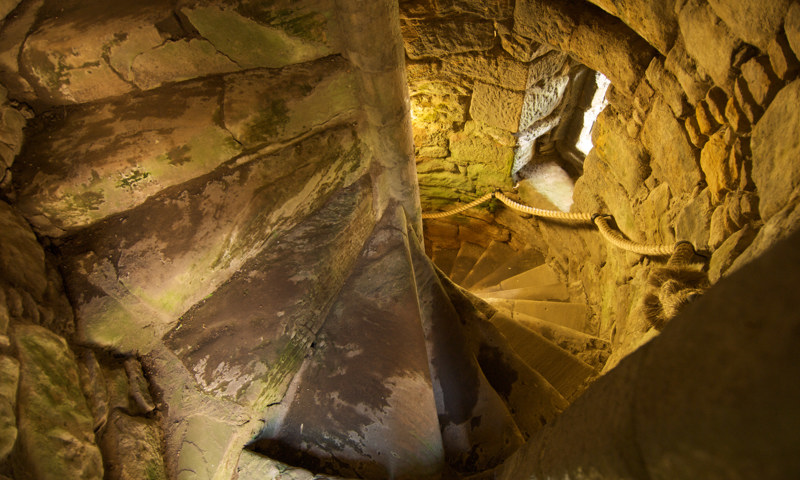 Spiral stairs inside Craignethan Castle.