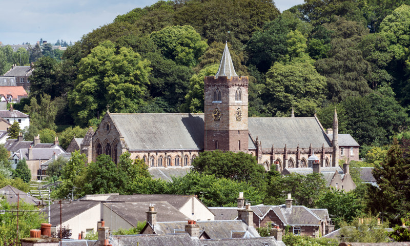 A general view of Dunblane Cathedral and surrounding buildings.
