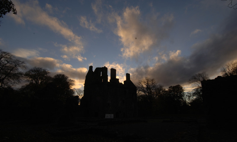 Huntly Castle at sunset.