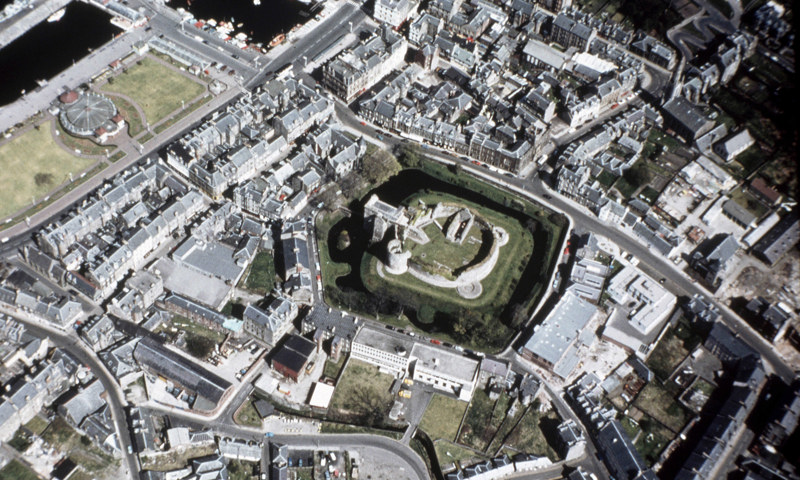 An aerial view of Rothesay Castle, showing its circular plan.