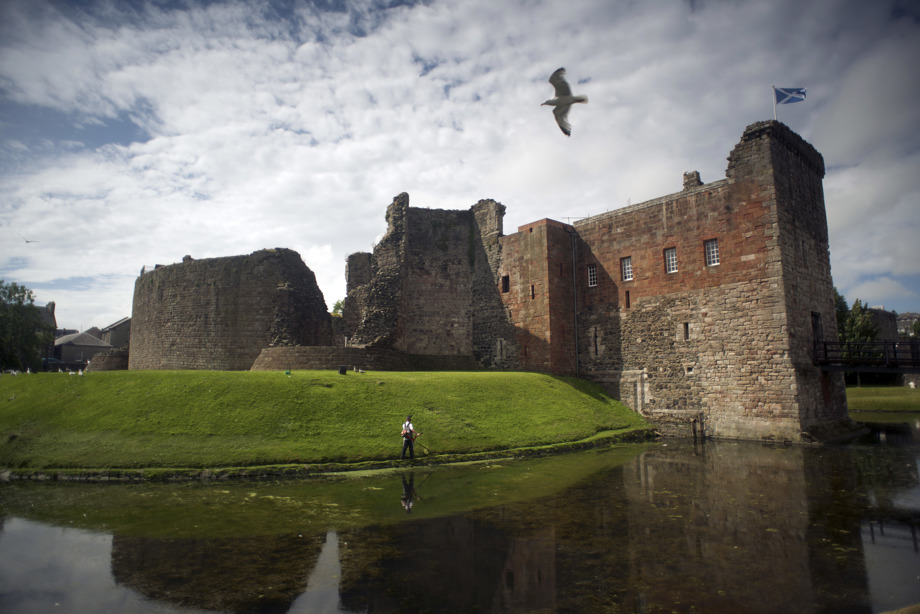 A view of the moat and tower at Rothesay Castle.
