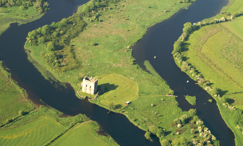 An aerial view of Threave Castle, standing on an island in the River Dee.