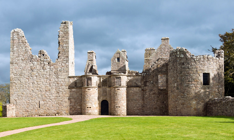 A general view of Tolquhon Castle, including the gatehouse and main entrance.