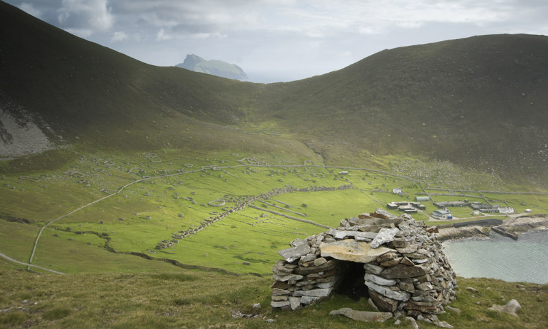 A view from a hill overlooking the settlement of St Kilda.