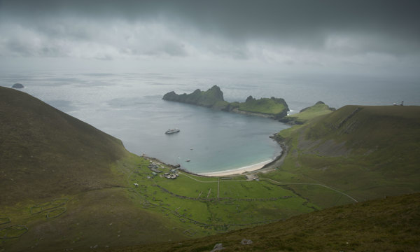 A dramatic view of the settlement and bay at St Kilda.