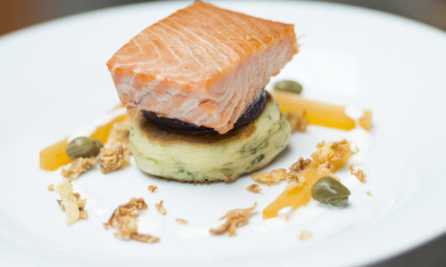 A view of a delicious salmon lunch at a Historic Scotland property with Taste Our Best accreditation.
