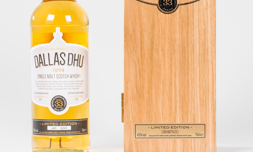 A bottle and display box of Dallas Dhu 1974 whisky.