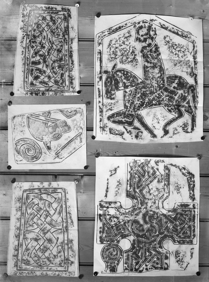 Photo of five rubbings of sculptured stones