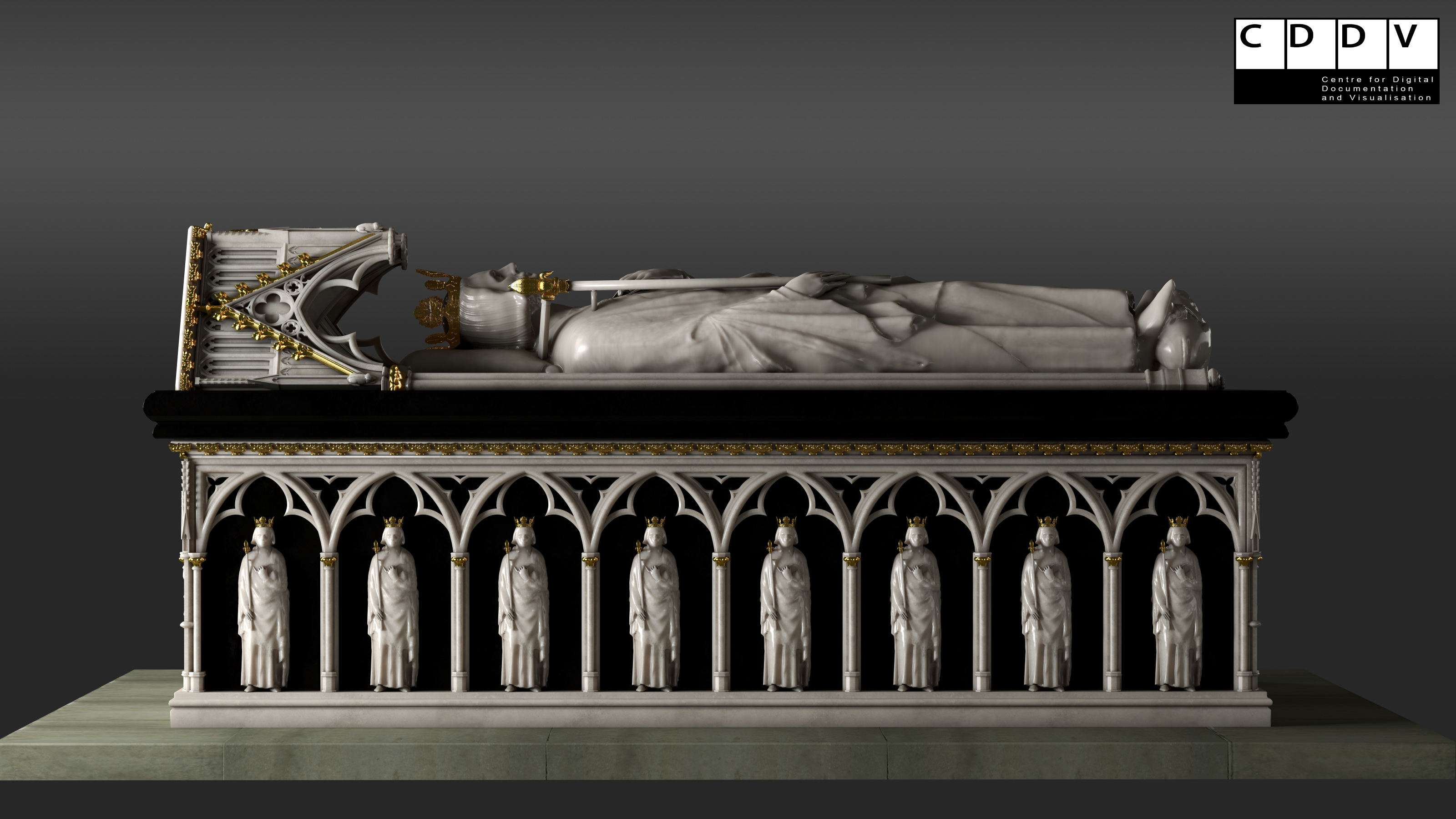 A 3D reconstruction of Robert the Bruce's tomb. A large effigy of Bruce lies horizontally on top of the tomb, which is intricately detailed with 8 carved figures standing under arches. 