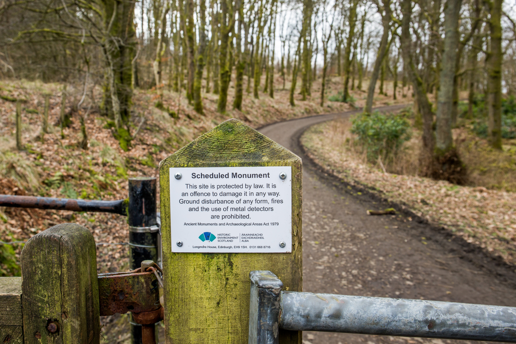 Close-up of a wooden gatepost with a metal sign reading ‘Scheduled Monument – This site is protected by law. It is an offence to damage it in any way. Ground disturbance of any form, fires and the use of metal detectors are prohibited.’ Behind the gate, a dirt path curves through a woodland area with bare trees