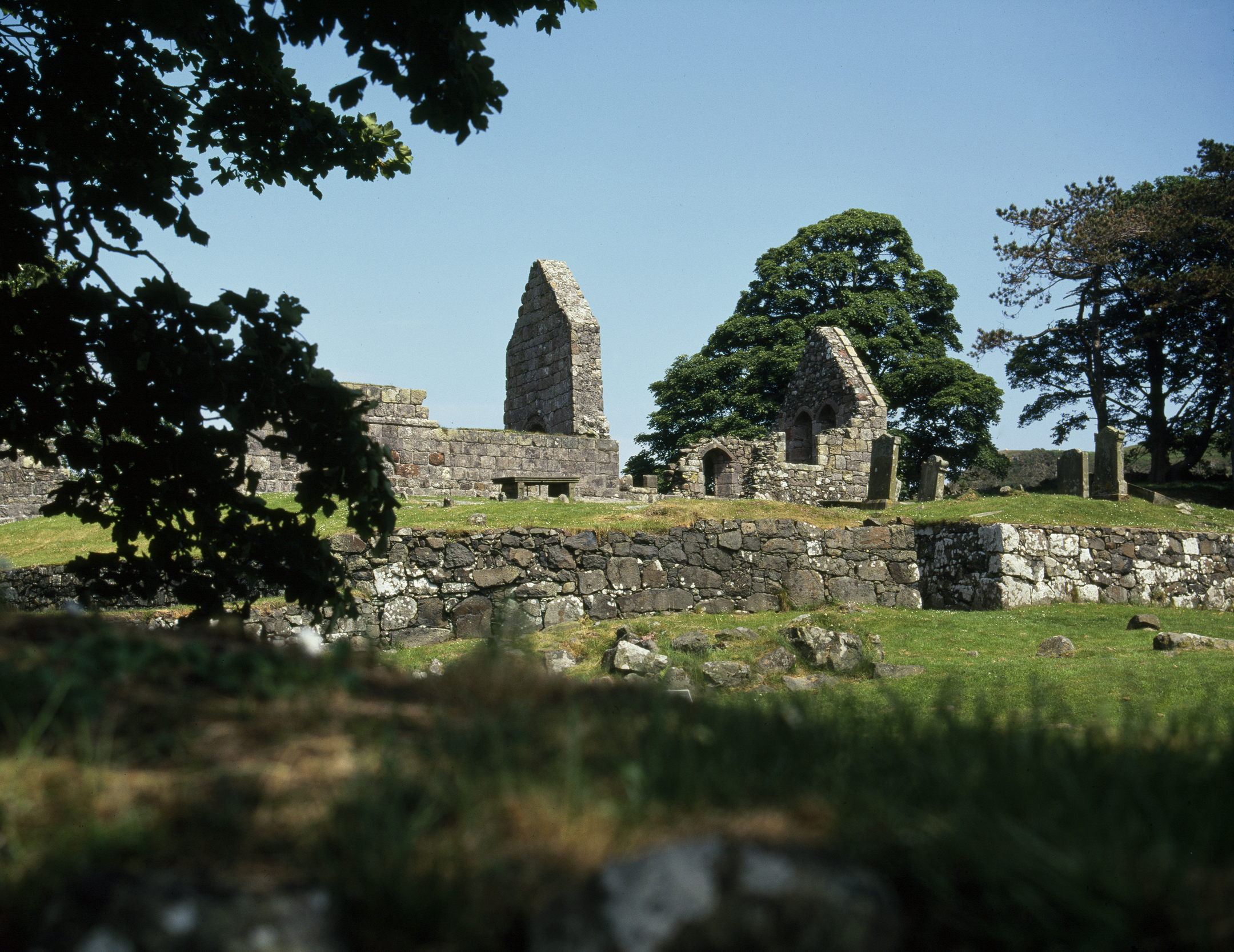 Ground-level view of St Blane’s Church ruins, with two prominent gable ends and sections of stone walls standing amid a grassy area. A stone boundary wall runs across the foreground, and large leafy trees rise behind the structure against a clear blue sky.