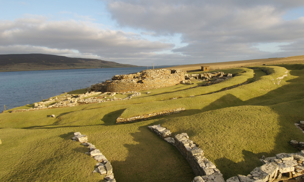 A general view of the Broch of Gurness and Eynhallow Sound.
