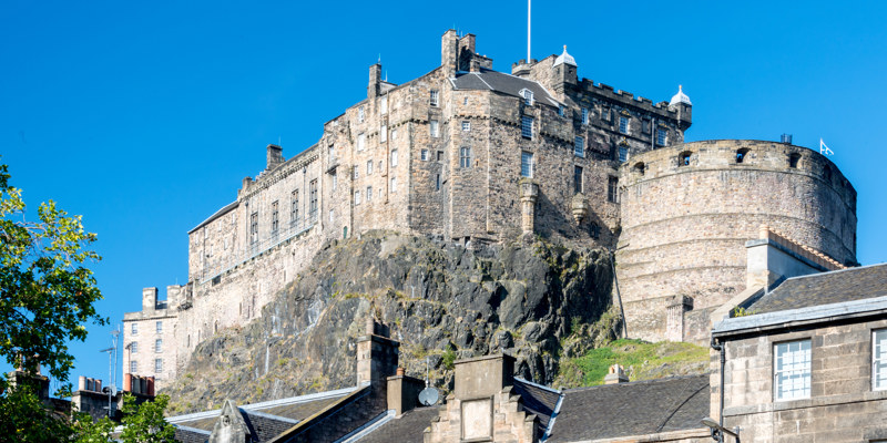 The Half-Moon Battery, palace and great hall at Edinburgh Castle, as seen from the Grassmarket.