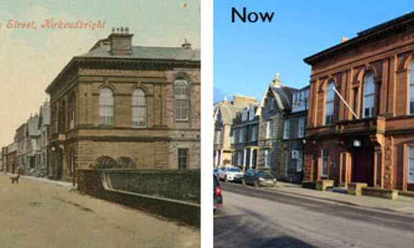 Photos showing the past and present states of Kirkcudbright Town Hall.
