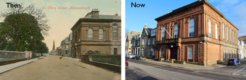 Side by side old and new photos of Kirkcudbright Town Hall, Dumfries and Galloway