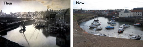 Side by side old and new photos of Cromwell Harbour, Dunbar