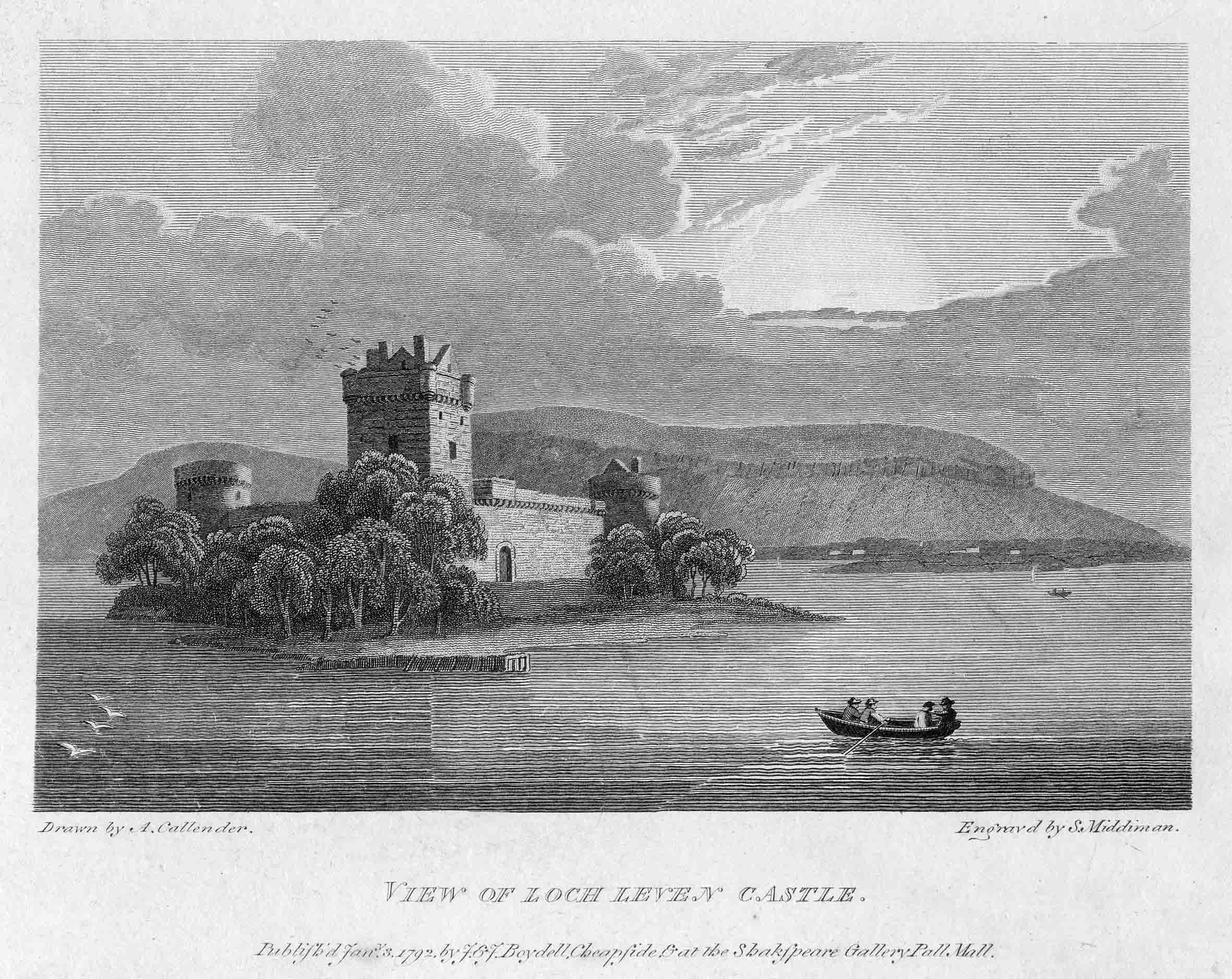 An illustration of a stone castle on an island surrounded by  trees, with people on boat in the water in front of the island.