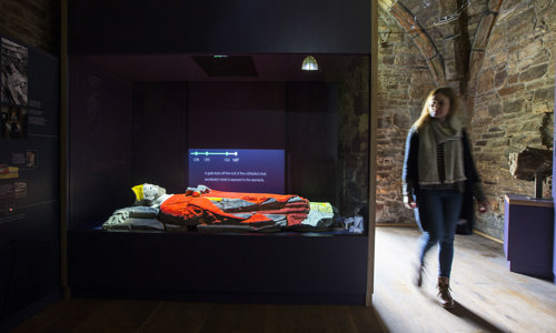 The carving of a Bishop illuminated in LED light.
