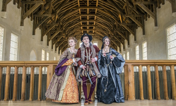Three enactors on the balcony in the Great Hall at Edinburgh Castle
