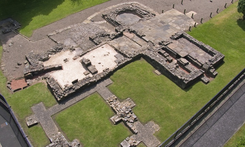 Aerial view of the ruins of Bearsden Bath House