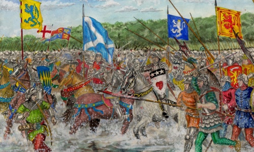 ‘Scots taunt the Engish forces into deep water at the River Sark. Conjectural reconstruction by Andrew Spratt, 1984.’ Copyright @ Andrew Spratt 