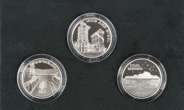 Set of three industry memorabilia coins for iron and steel, shipbuilding and coal mining