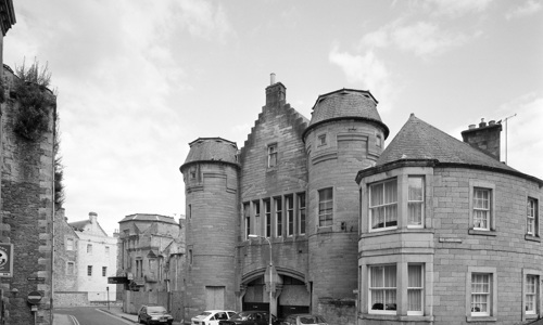 Black and white photo of a building at Heart of Hawick