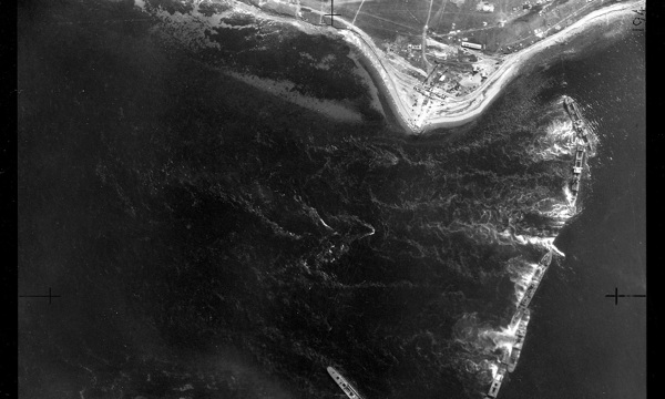 Aerial black and white photo of the Churchill Barriers at Orkney, 1942