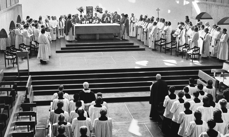 Black and white photo of service at St Peter’s Seminary in Cardross