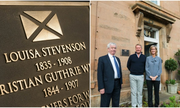 Collage of a plaque, with three people standing next to it