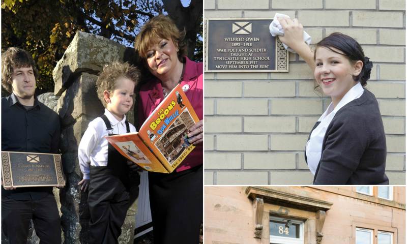 Collage of images showing a plaque, one with someone cleaning it, and others with people viewing and standing beside it