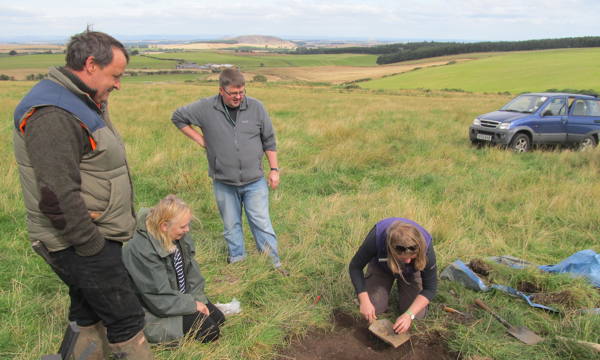 Team of metal detectors digging a hole