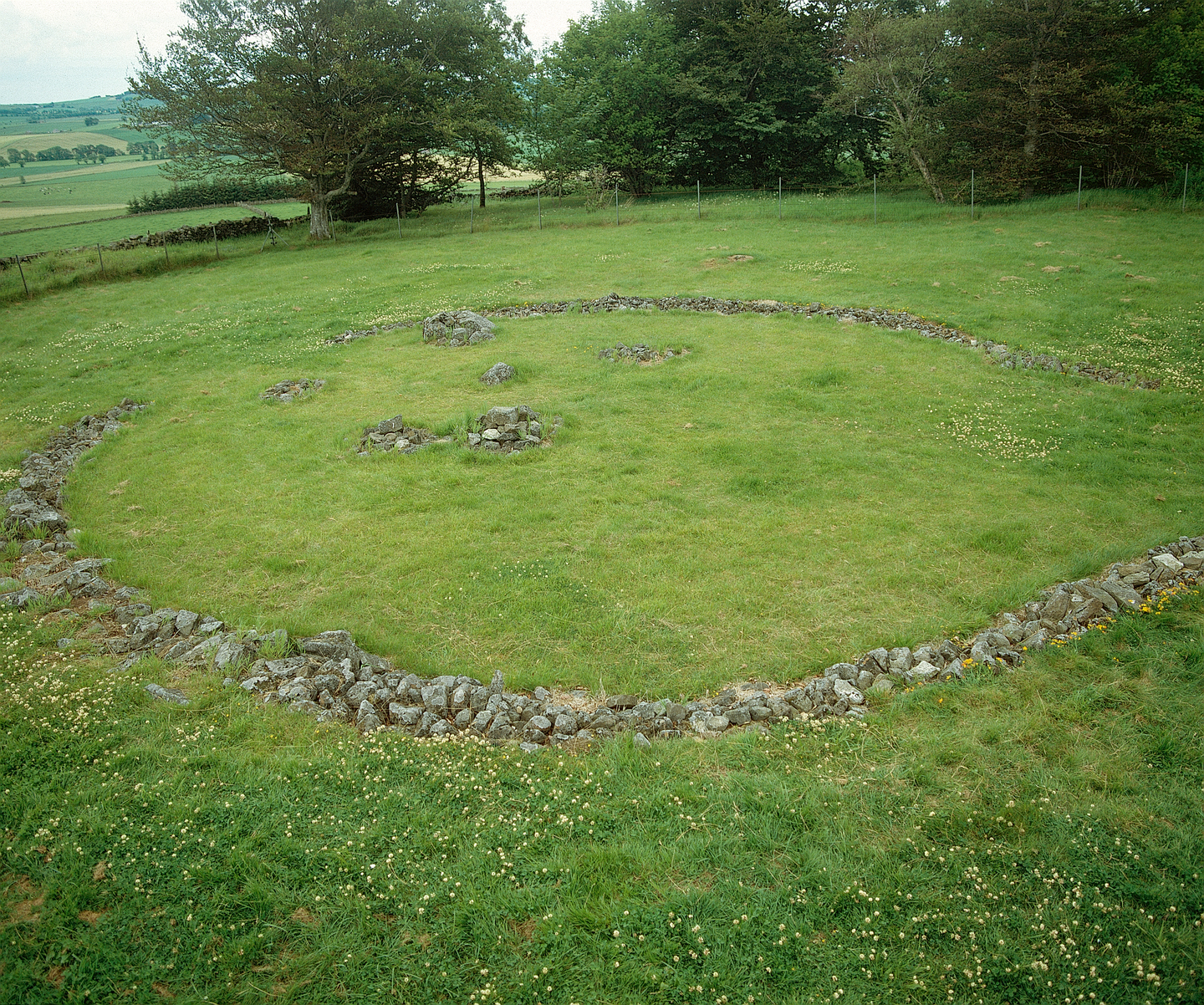 A circle of small stones within the ground on grass. There is a small constellation in the middle. There are trees in the background.