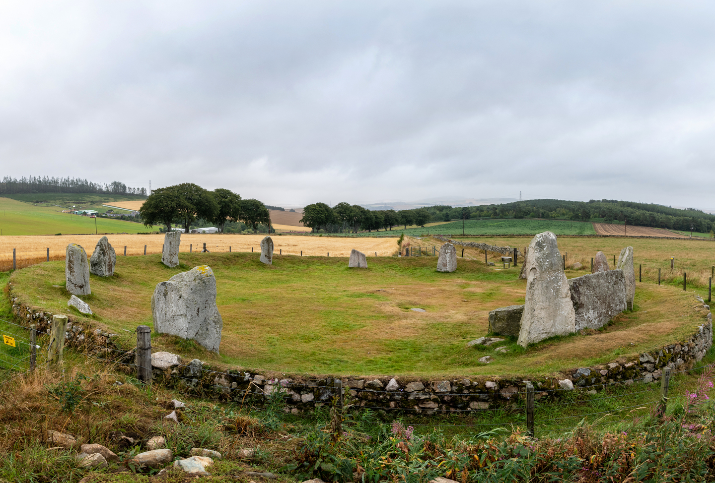 A circle of mostly tall, grey stones on grass. There is a short stone wall surround them. There are trees in the distance.