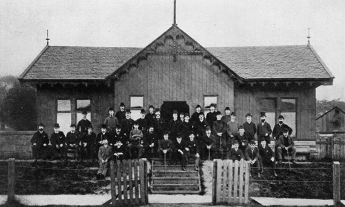 •	Historic image of the First Hampden pavilion in 1878 overlaid with image of the site as it looks today, showing approximately where it would have been situated.