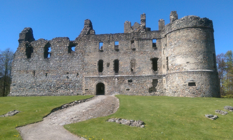 Balvenie Castle exterior on a lovely sunny day with clear blue sky