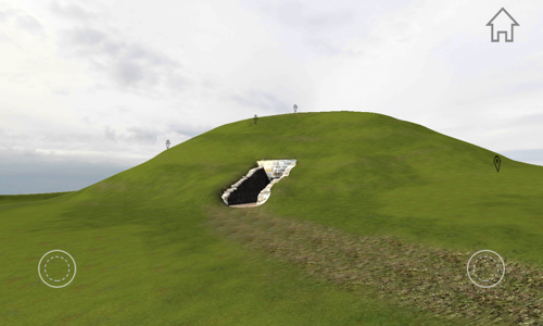 A screenshot of a 3D model of a grassy mound with a doorway. There are markers all over the mound.